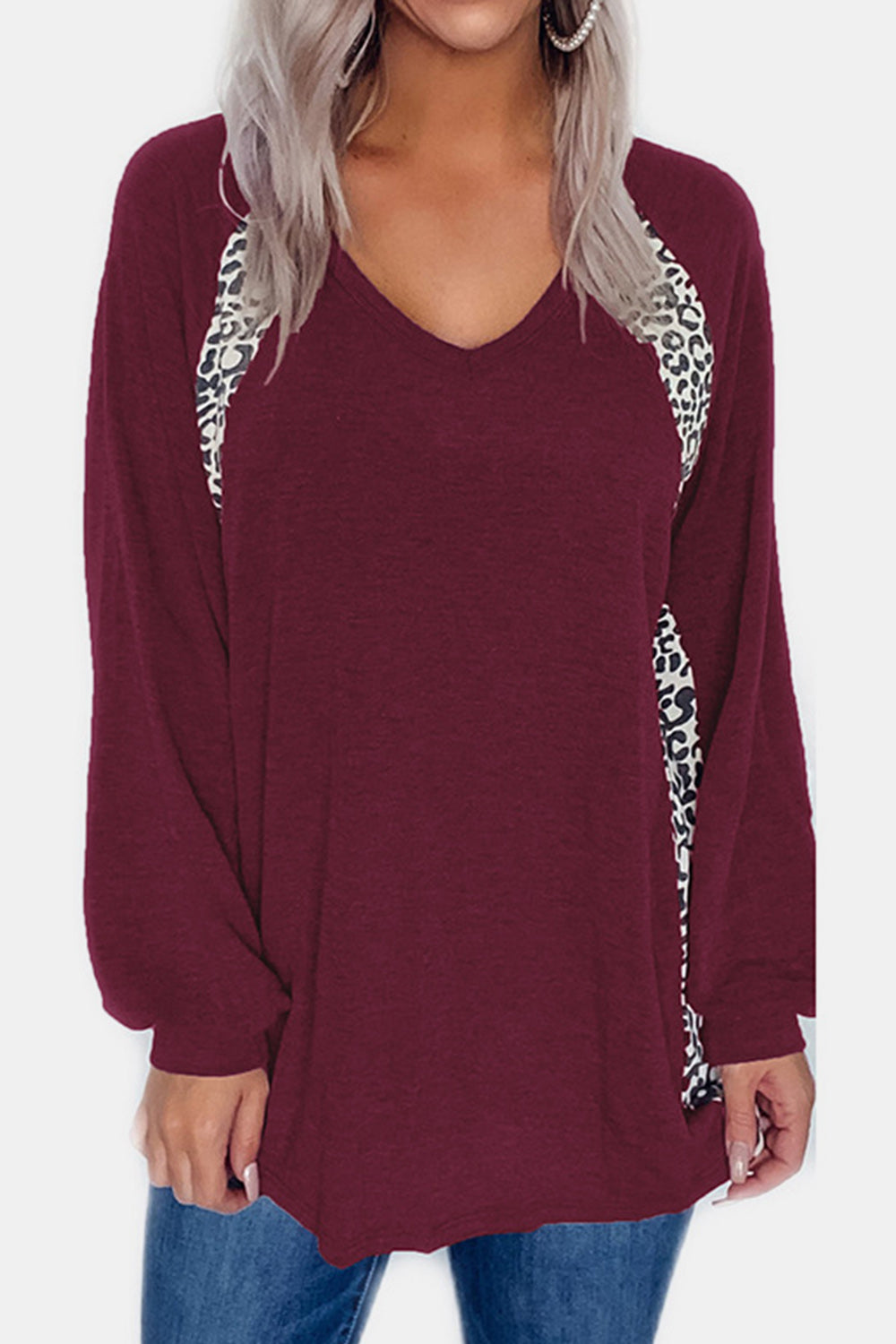 Full Size Leopard V-Neck Long Sleeve T-Shirt