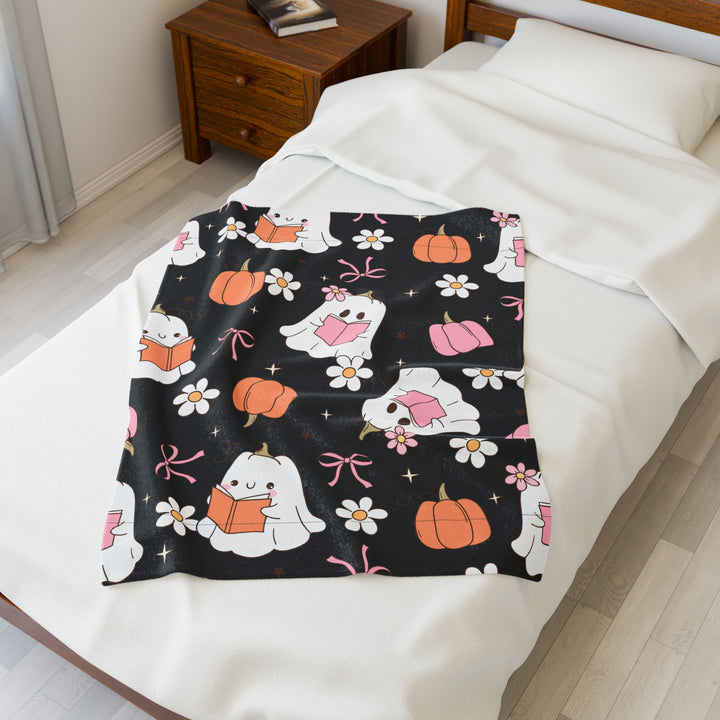 Spooky Cute Bookish Ghost Blanket – Pastel Halloween Fall Throw for Readers