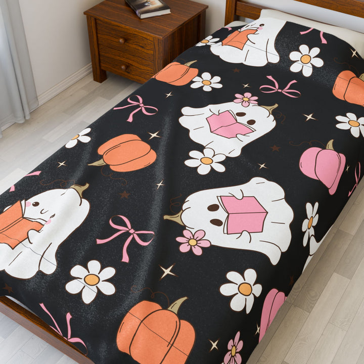 Spooky Cute Bookish Ghost Blanket – Pastel Halloween Fall Throw for Readers