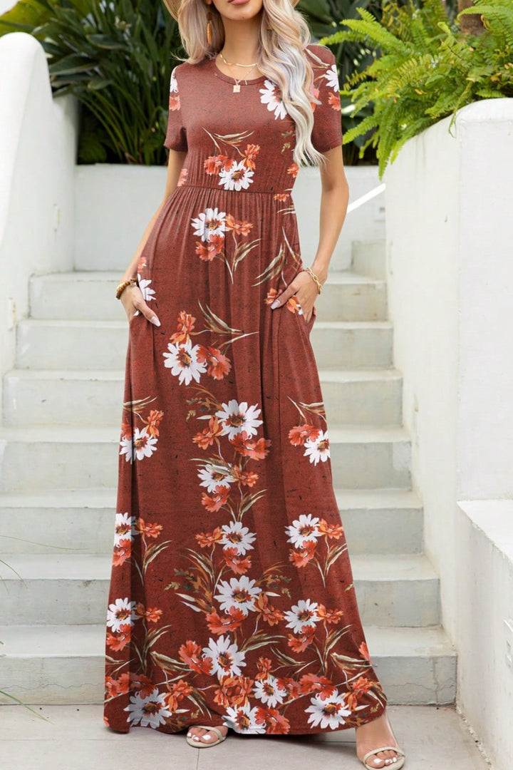 Printed Round Neck Short Sleeve Maxi Dress