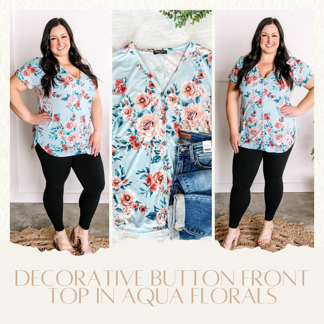 Decorative Button Front Top In Aqua Florals