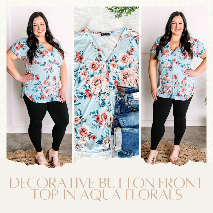 Decorative Button Front Top In Aqua Florals