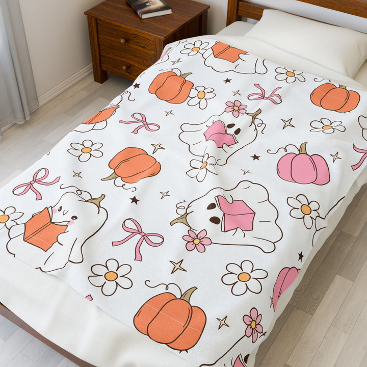 Spooky Cute Bookish Ghost Blanket – Pastel Halloween Fall Throw for Readers