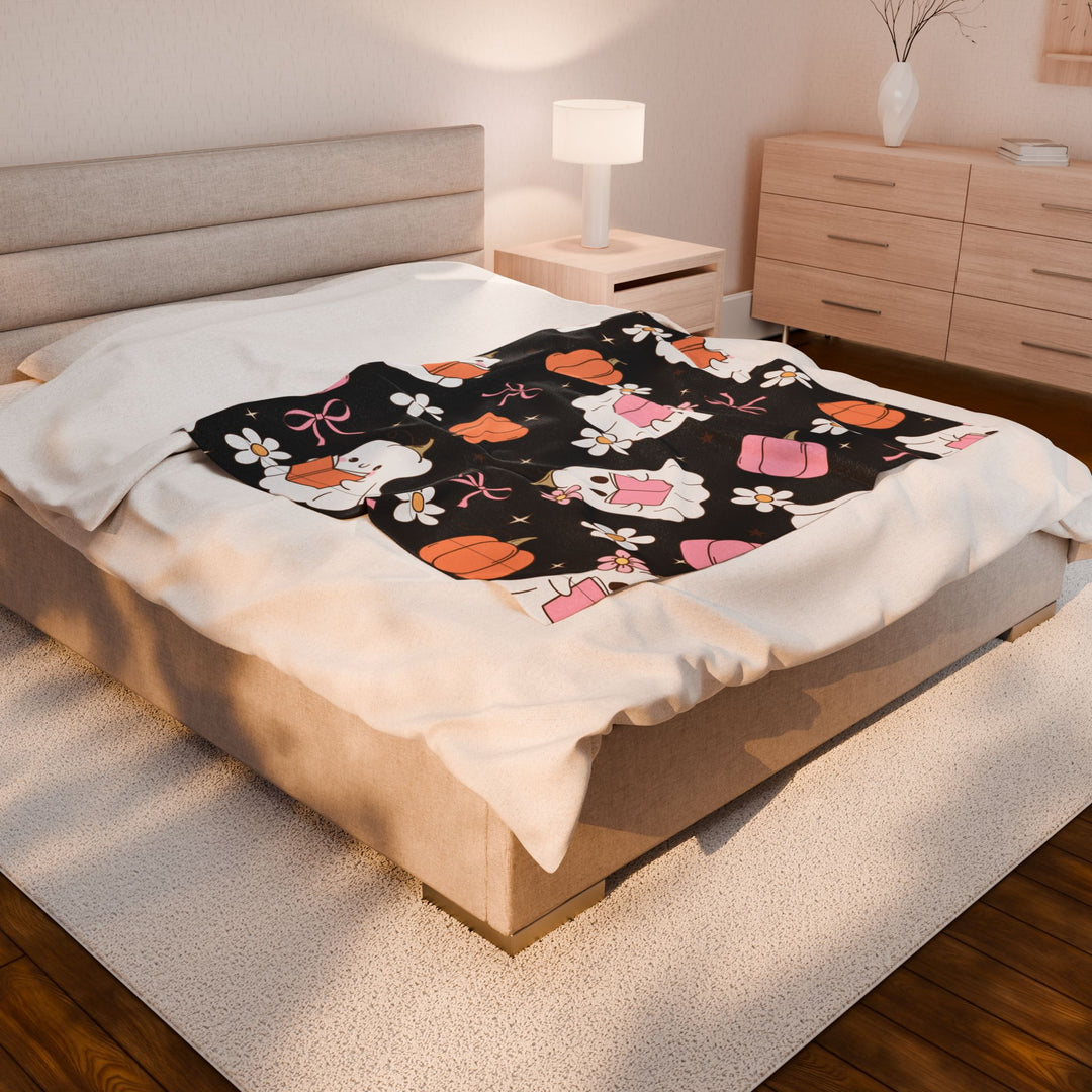 Spooky Cute Bookish Ghost Blanket – Pastel Halloween Fall Throw for Readers