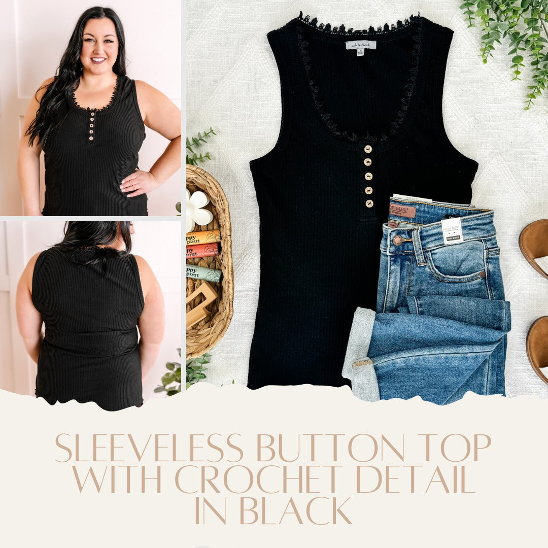 Sleeveless Button Top With Crochet Detail In Black