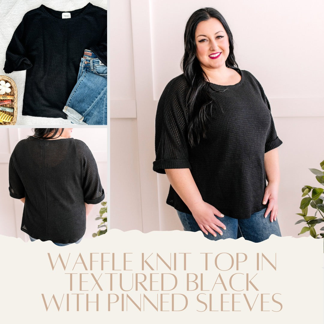 Waffle Knit Top In Textured Black With Pinned Sleeves