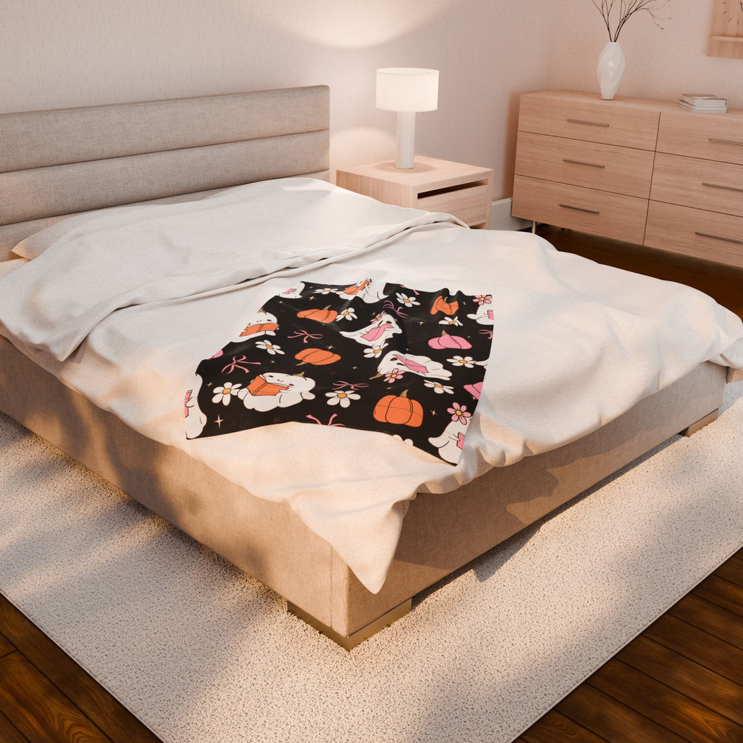 Spooky Cute Bookish Ghost Blanket – Pastel Halloween Fall Throw for Readers