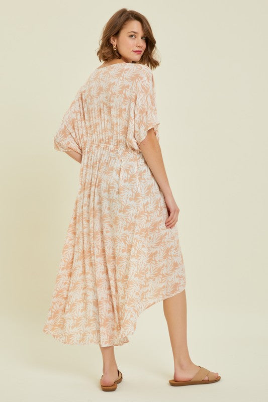 Tropical Print Gauze Kimono with Elastic Waist Tie in MilkTea