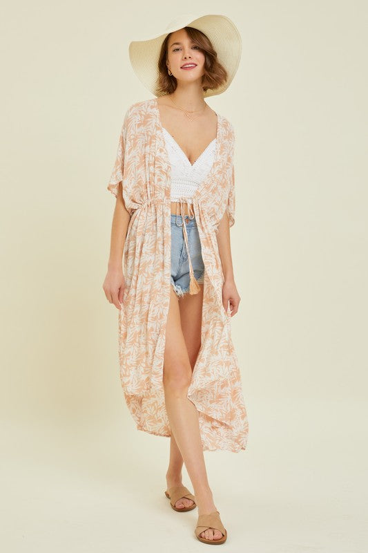 Tropical Print Gauze Kimono with Elastic Waist Tie in MilkTea