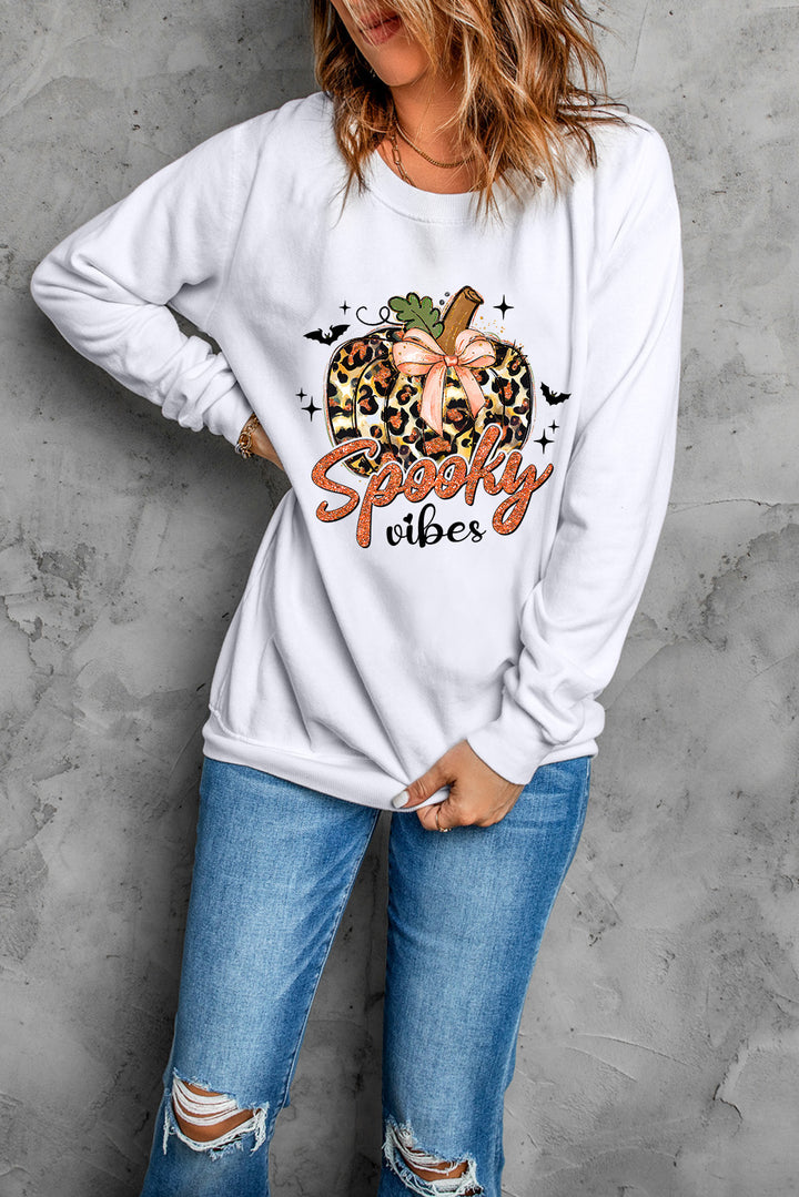 Leopard Pumpkin Spooky Vibes Graphic Round Neck Long Sleeve Sweatshirt