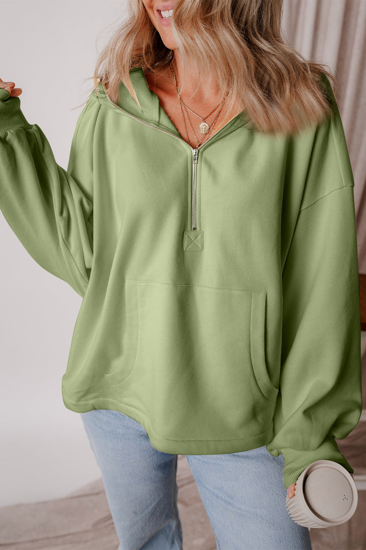 Pocketed Half Zip Dropped Shoulder Hoodie