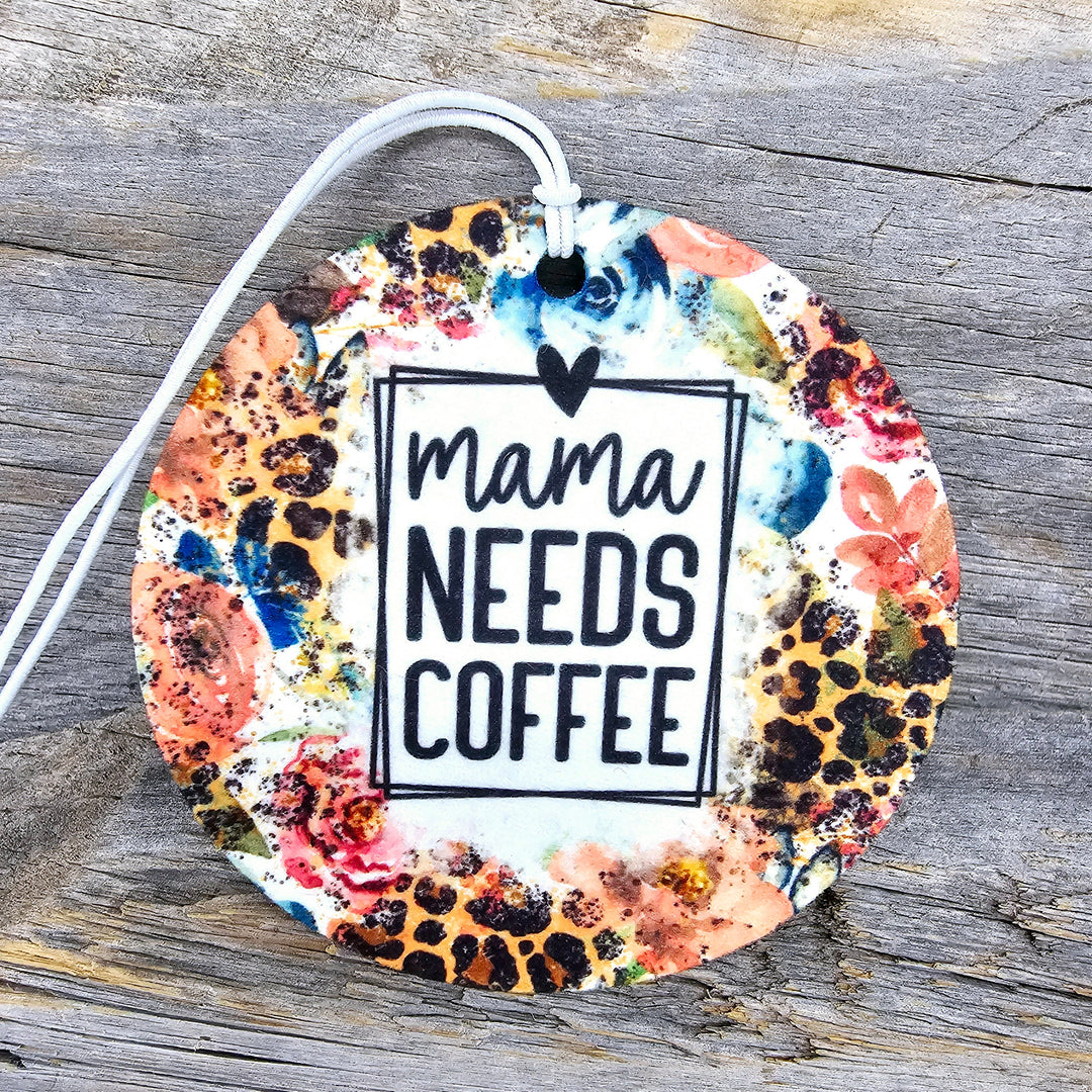 White/Floral Mama Needs Coffee Re-Scentable Car Freshener