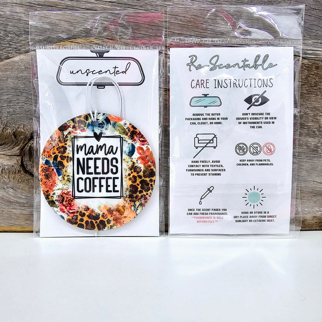 White/Floral Mama Needs Coffee Re-Scentable Car Freshener
