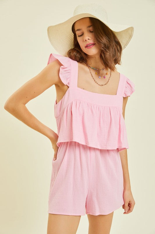 Gauze Square Neck Romper with Mini Ruffles on the Shoulder in Pink