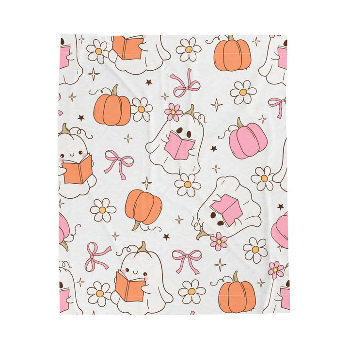 Spooky Cute Bookish Ghost Blanket – Pastel Halloween Fall Throw for Readers