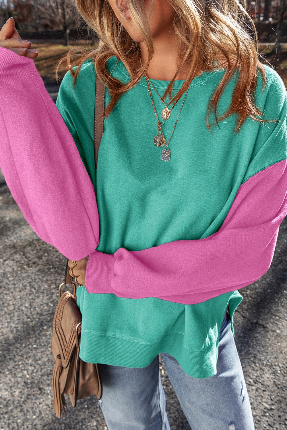 Contrast Round Neck Long Sleeve Sweatshirt