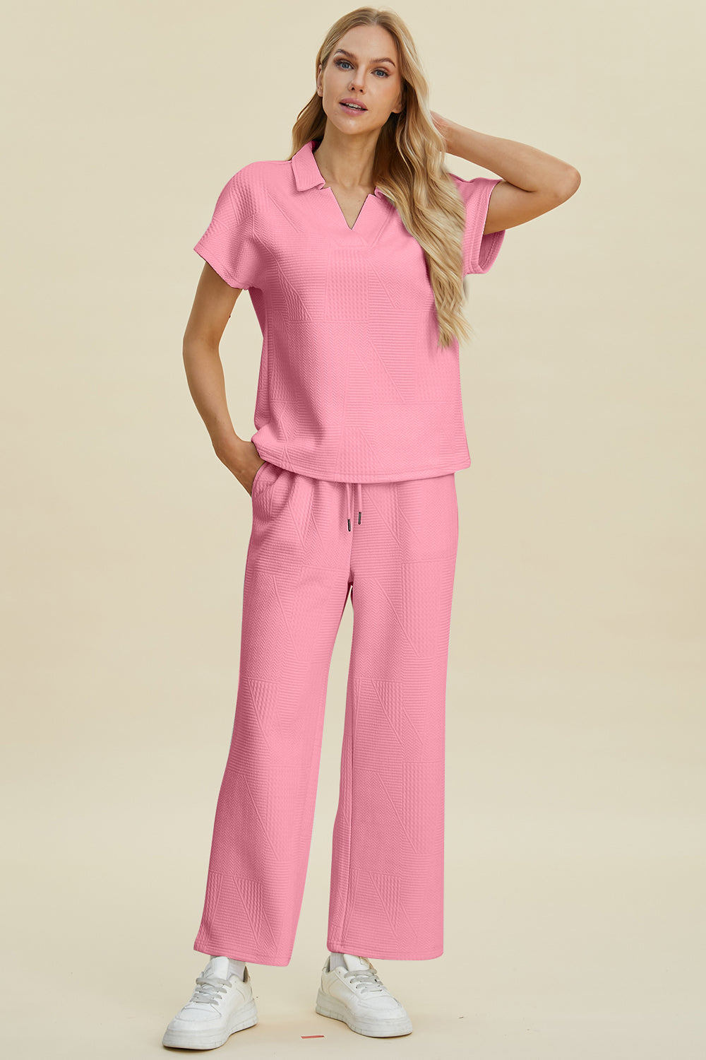 Double Take Full Size Collared Neck Short Sleeve Top and Pants Set