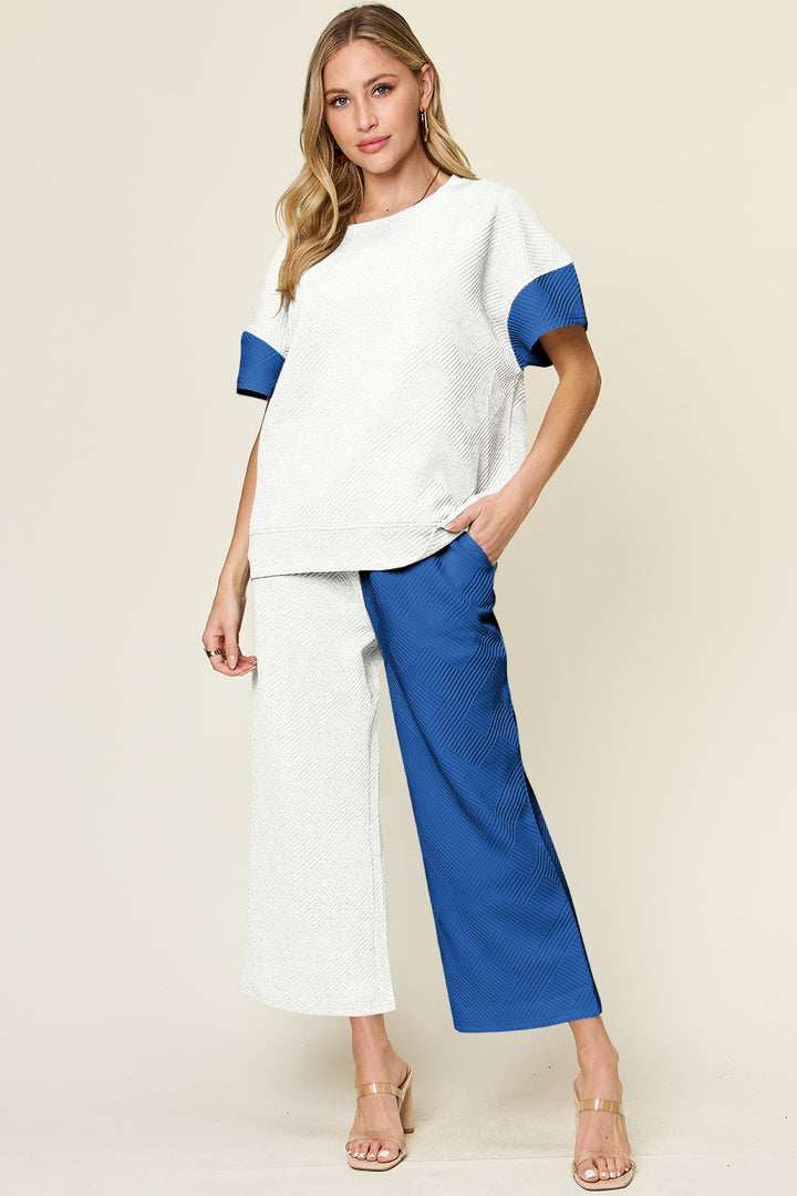 Double Take Full Size Texture Contrast T-Shirt and Wide Leg Pants Set