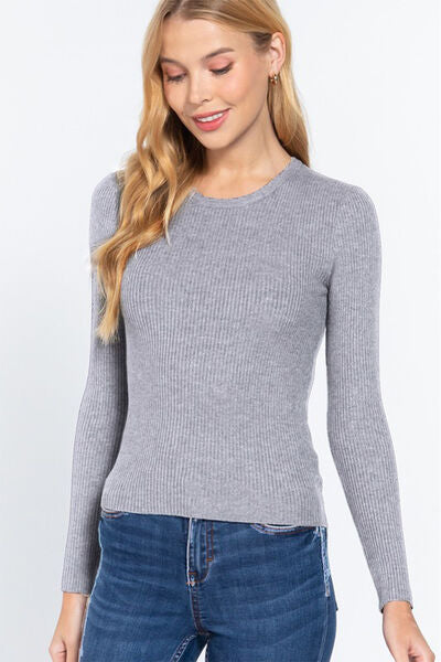 ACTIVE BASIC Full Size Ribbed Round Neck Long Sleeve Knit Top-Ever Joy