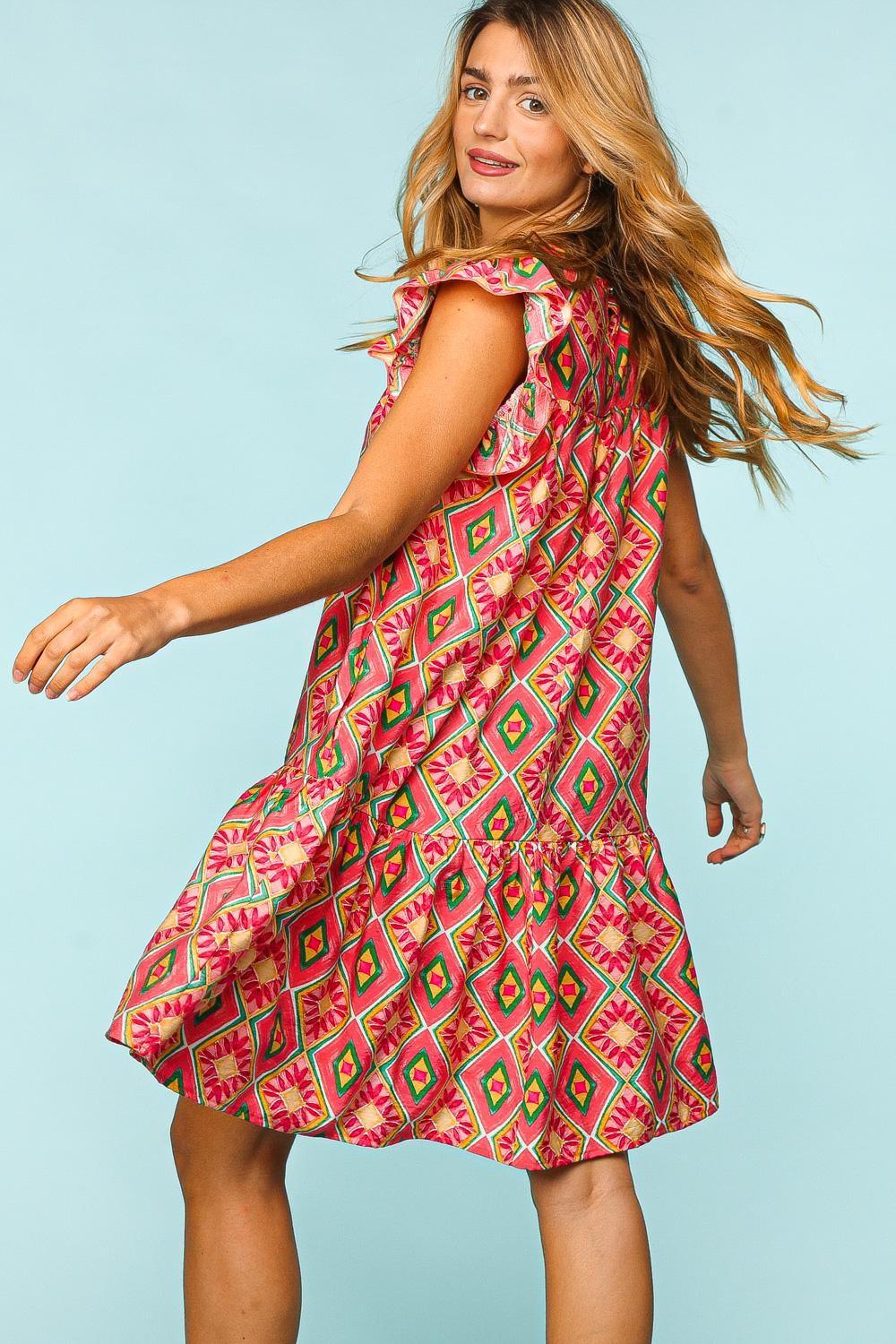 Haptics Full Size Ruffled Printed Dress With Side Pockets