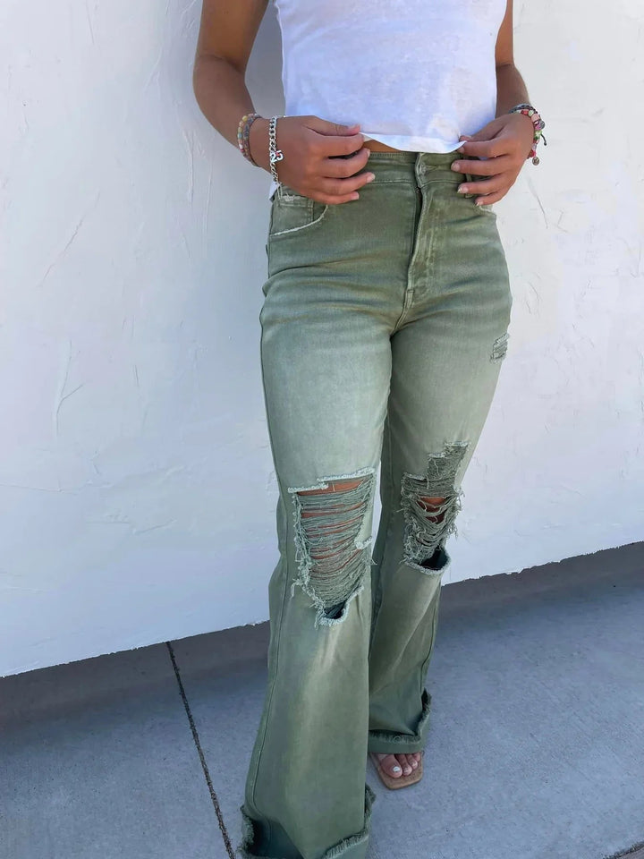 Womens - PREORDER: Blakeley Distressed Jeans In Olive And Camel