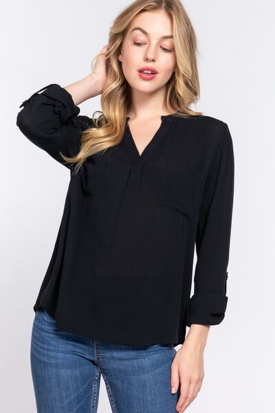 ACTIVE BASIC Full Size Notched Long Sleeve Woven Top-Ever Joy