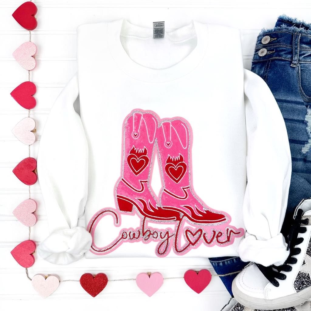 Womens - PREORDER: Cowboy Lover Chenille Patch Sweatshirt In White