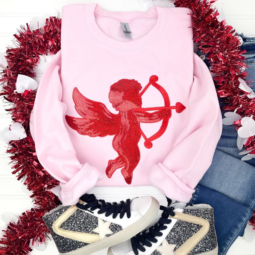 Womens - PREORDER: Sequin Patch Cupid Sweatshirt On Pink