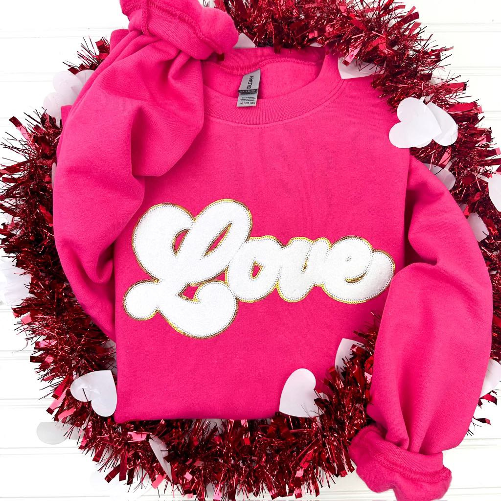 Womens - PREORDER: Chenille Patch Love Sweatshirt On Pink