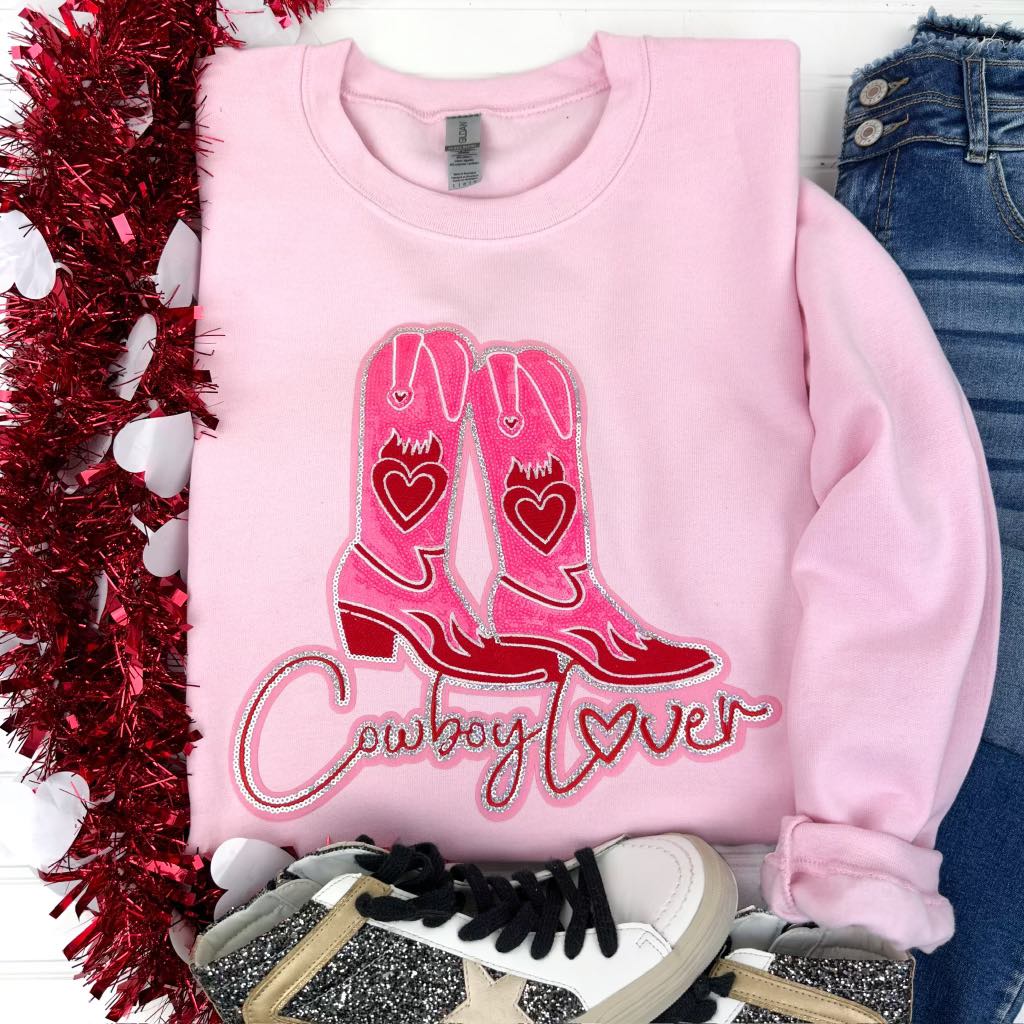 Womens - PREORDER: Cowboy Lover Chenille Patch Sweatshirt In Pink