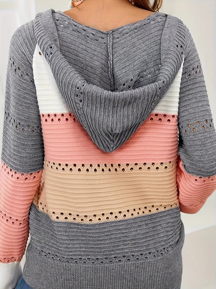 Lace-Up Contrast Long Sleeve Hooded Sweater