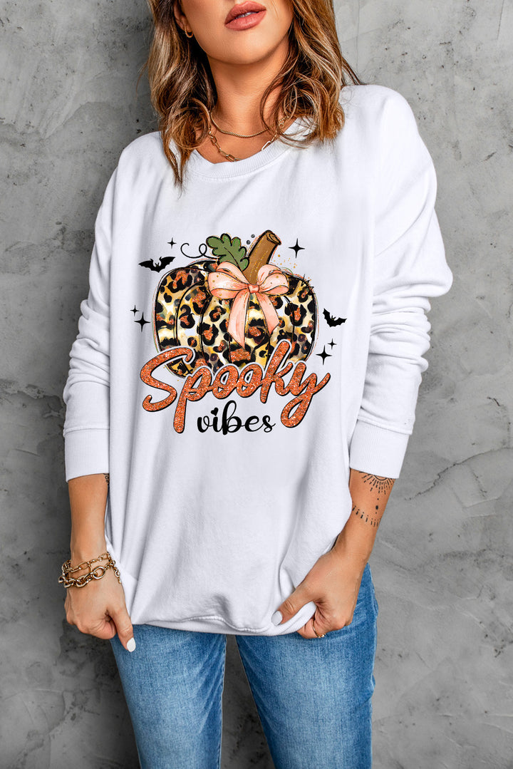 Leopard Pumpkin Spooky Vibes Graphic Round Neck Long Sleeve Sweatshirt