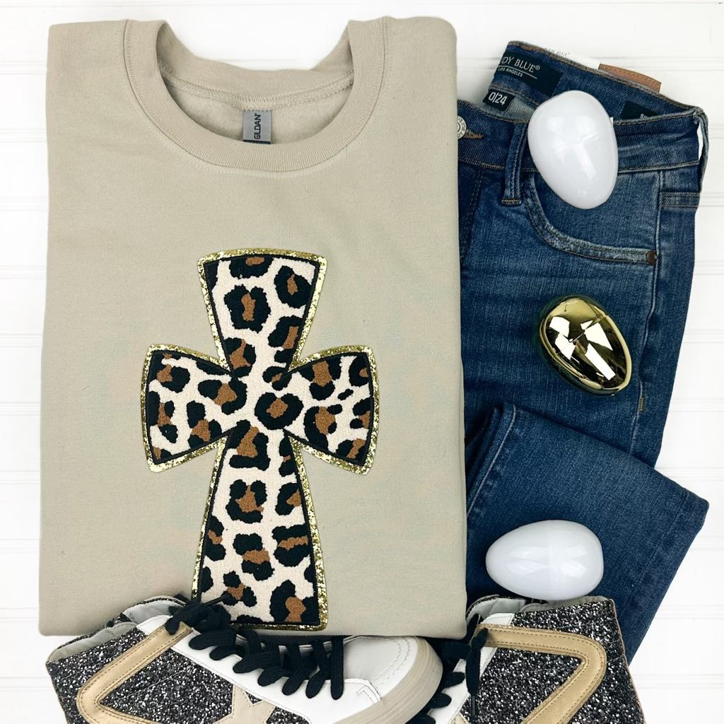 Womens - PREORDER: Leopard Cross Chenille Patch Sweatshirt