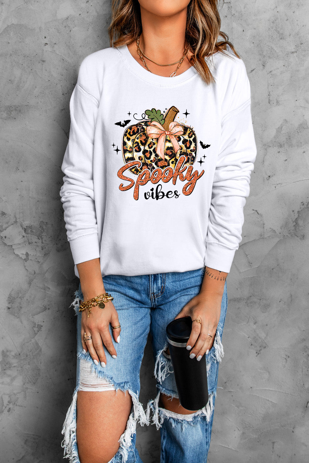 Leopard Pumpkin Spooky Vibes Graphic Round Neck Long Sleeve Sweatshirt