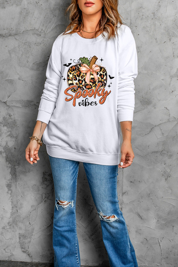 Leopard Pumpkin Spooky Vibes Graphic Round Neck Long Sleeve Sweatshirt