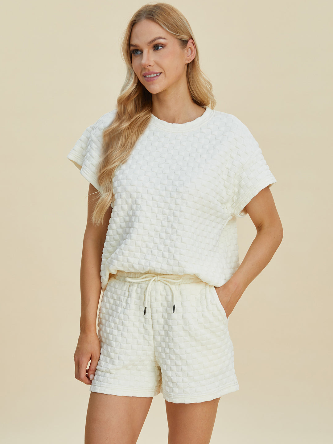 Double Take Full Size Texture T-Shirt and Shorts Set