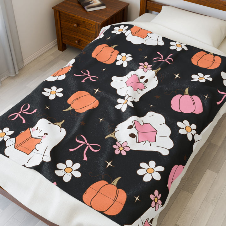 Spooky Cute Bookish Ghost Blanket – Pastel Halloween Fall Throw for Readers