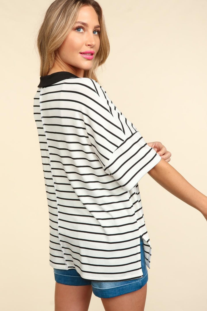 Haptics Full Size Striped Dropped Shoulder Half Sleeve T-Shirt