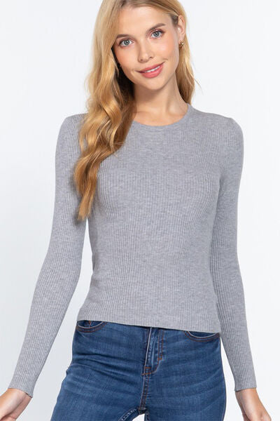 ACTIVE BASIC Full Size Ribbed Round Neck Long Sleeve Knit Top-Ever Joy