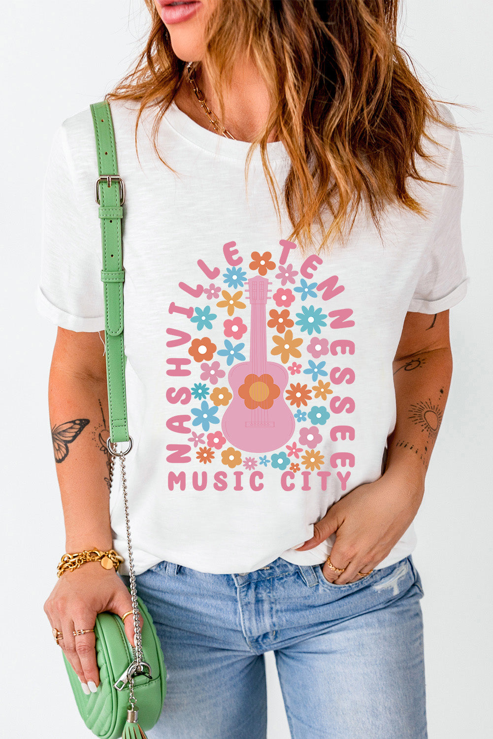 Nashville Music City Retro Flower Graphic Round Neck Short Sleeve T-Shirt