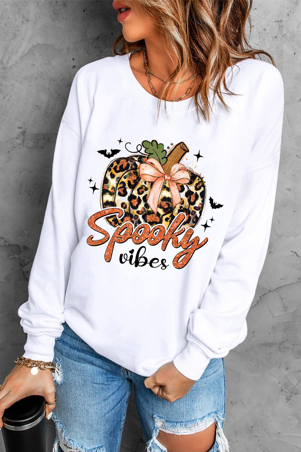 Leopard Pumpkin Spooky Vibes Graphic Round Neck Long Sleeve Sweatshirt