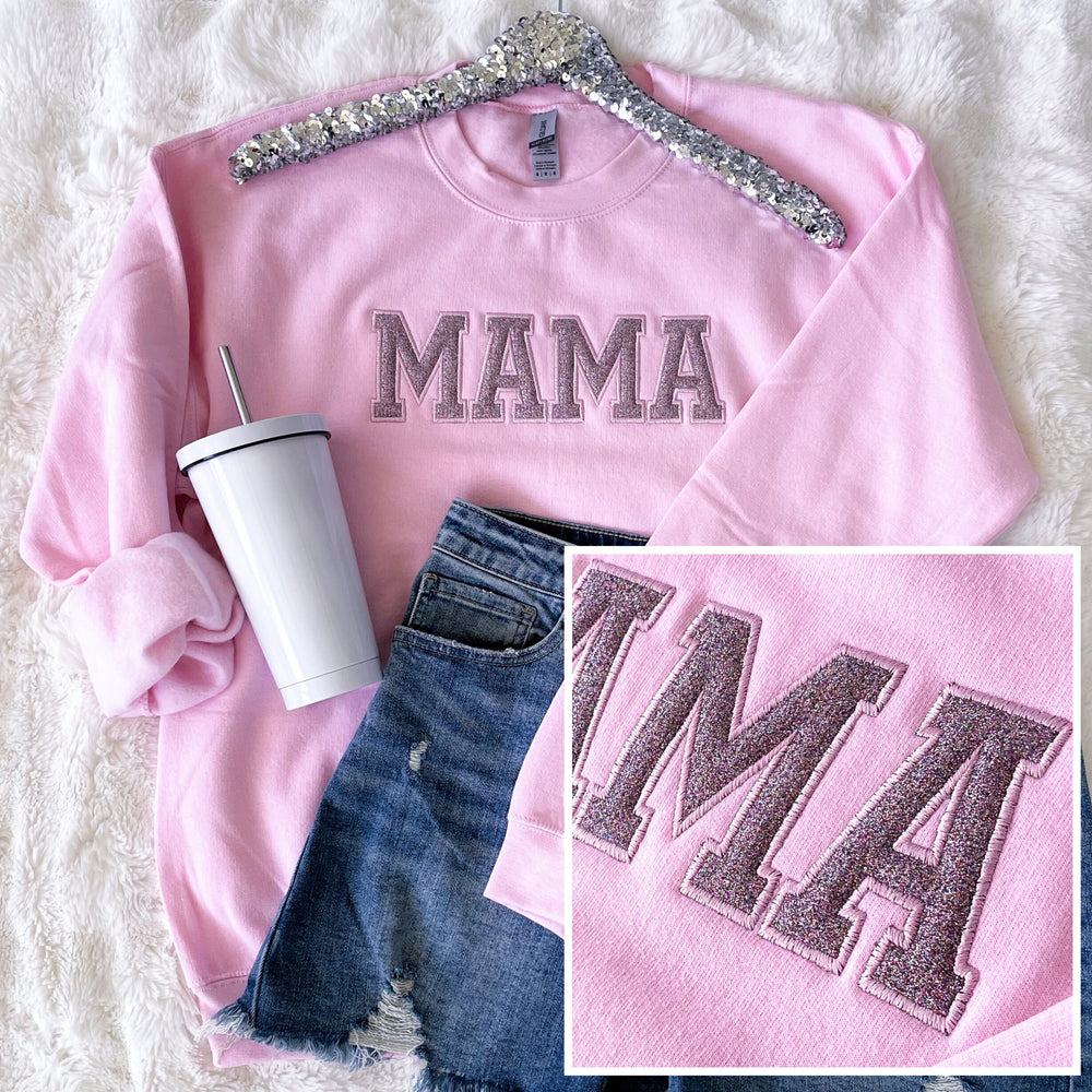 Womens - PREORDER: Mama Embroidered Glitter Sweatshirt In Pink