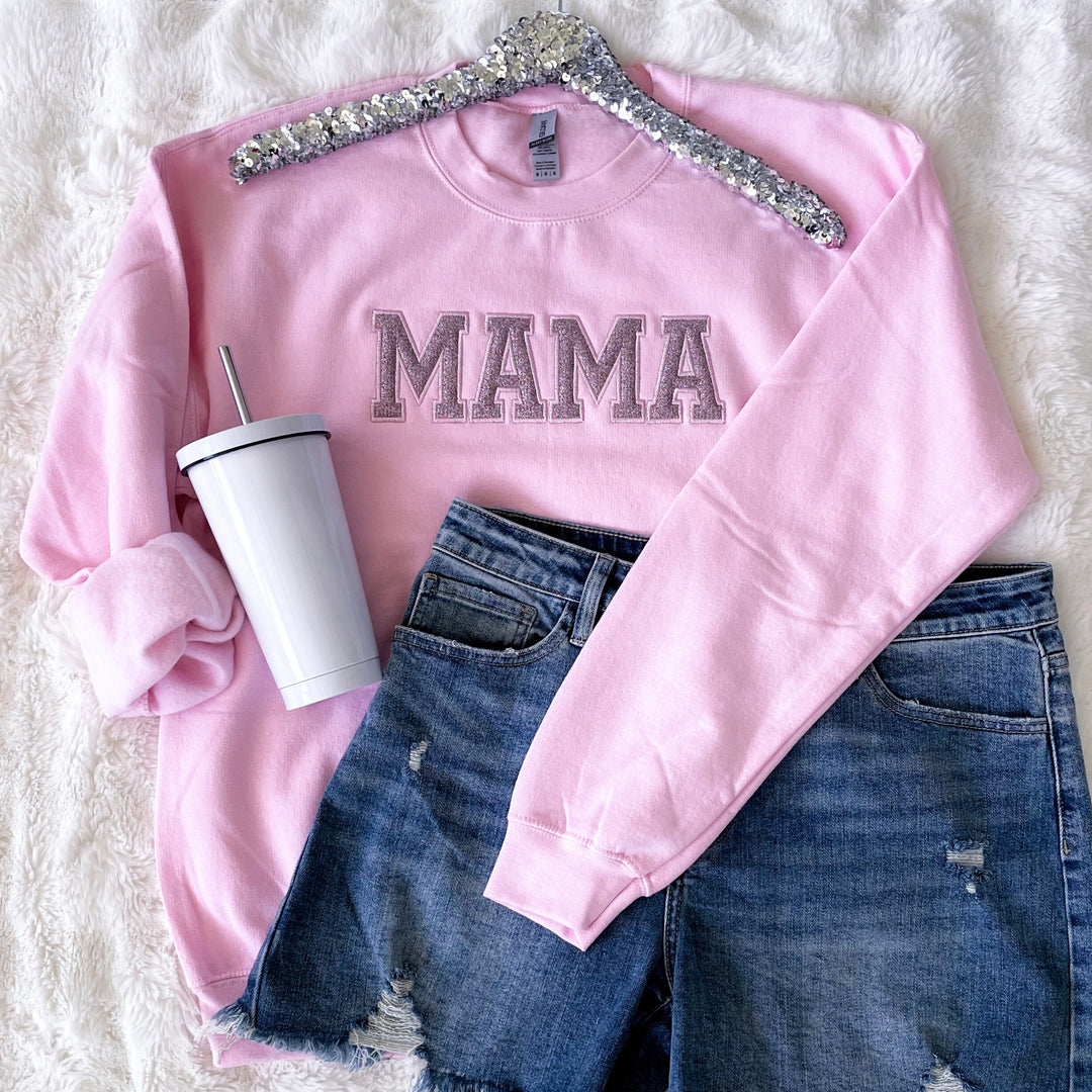 Womens - PREORDER: Mama Embroidered Glitter Sweatshirt In Pink