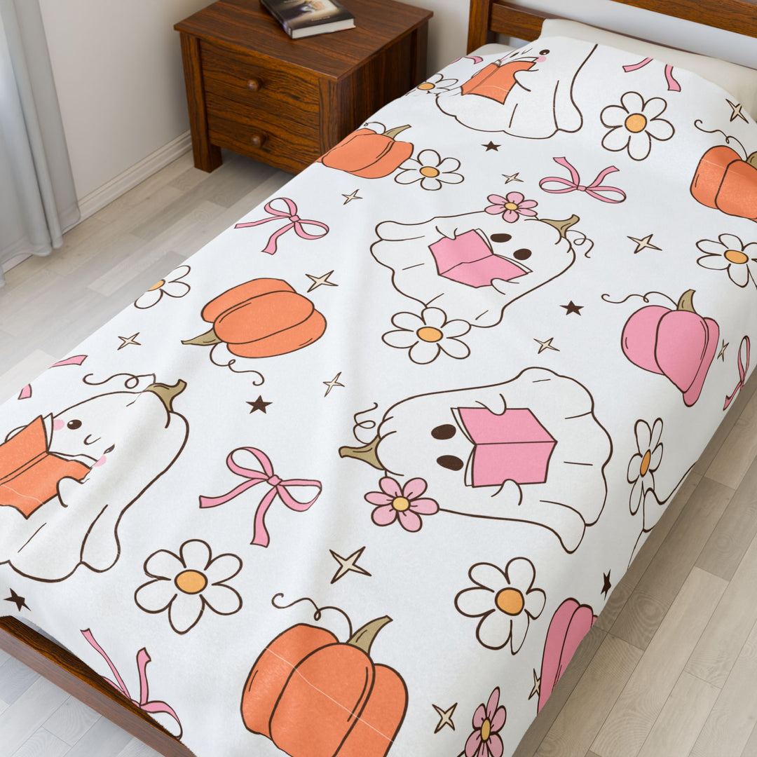 Spooky Cute Bookish Ghost Blanket – Pastel Halloween Fall Throw for Readers
