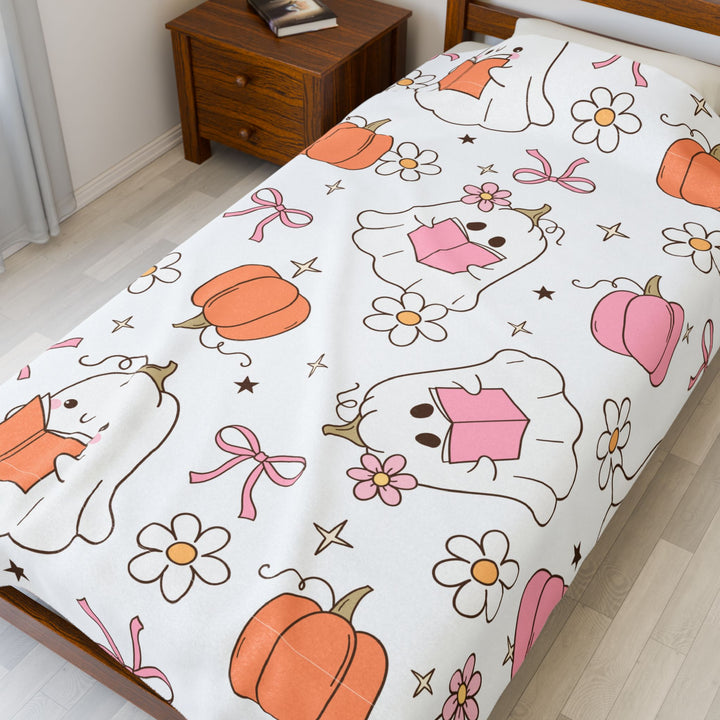 Spooky Cute Bookish Ghost Blanket – Pastel Halloween Fall Throw for Readers