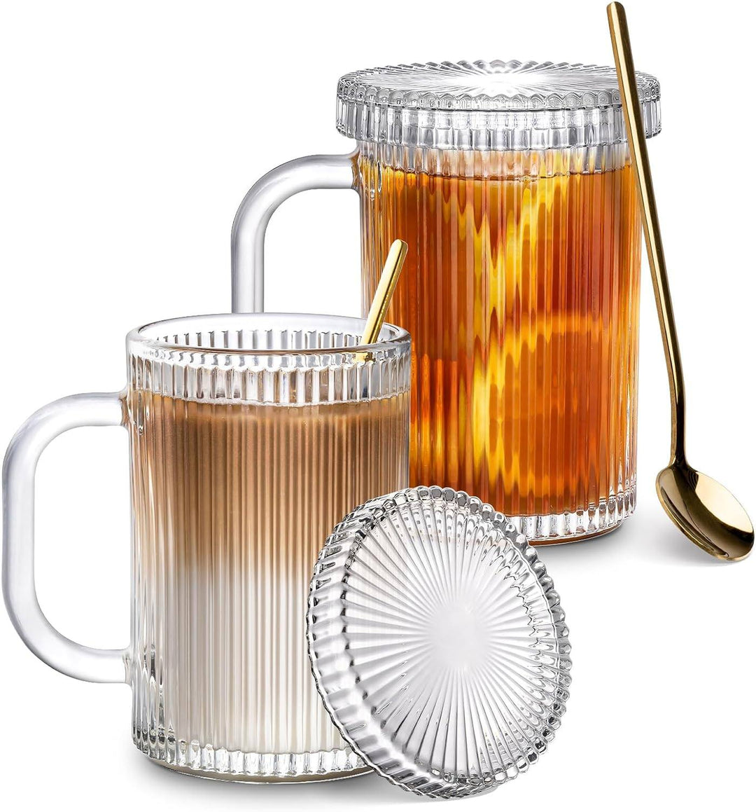 Kitchen & Dining - Combler Glass Coffee Mugs, 13oz Clear Coffee Mug With Lid And Spoon