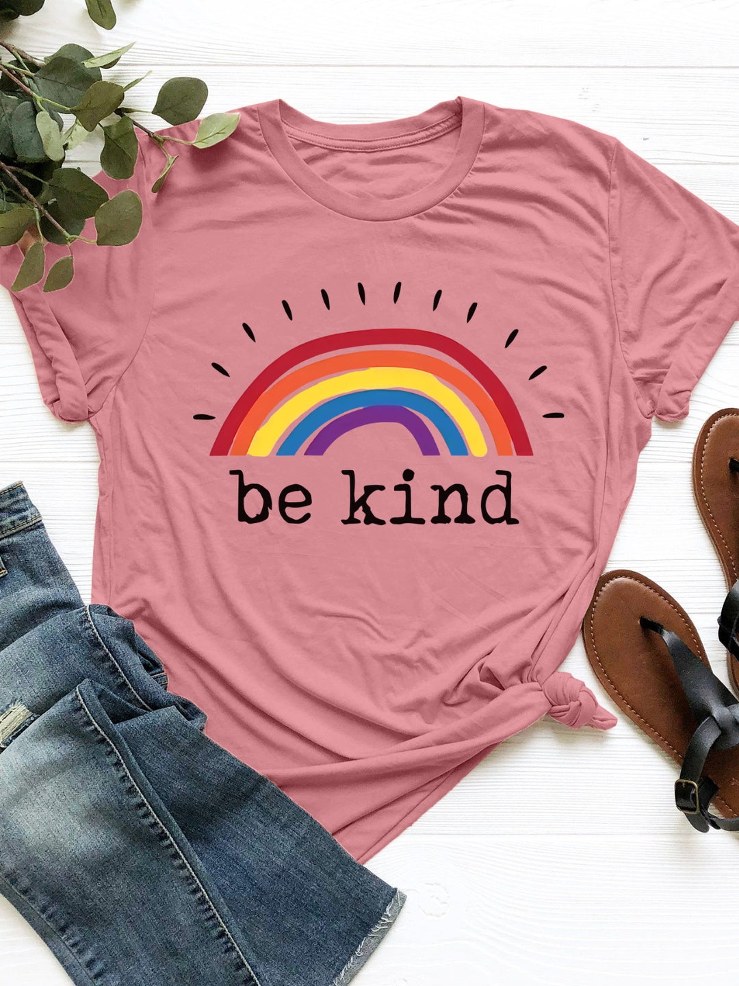 Rainbow Be Kind Graphic Round Neck Short Sleeve T-Shirt