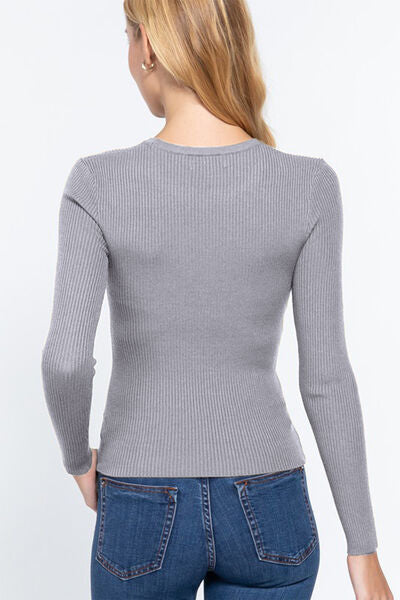 ACTIVE BASIC Full Size Ribbed Round Neck Long Sleeve Knit Top-Ever Joy