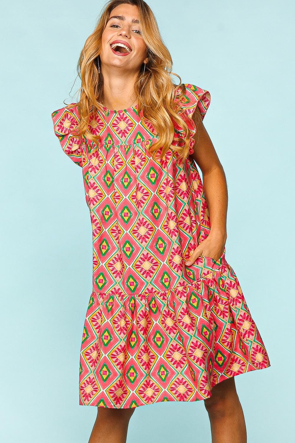 Haptics Full Size Ruffled Printed Dress With Side Pockets