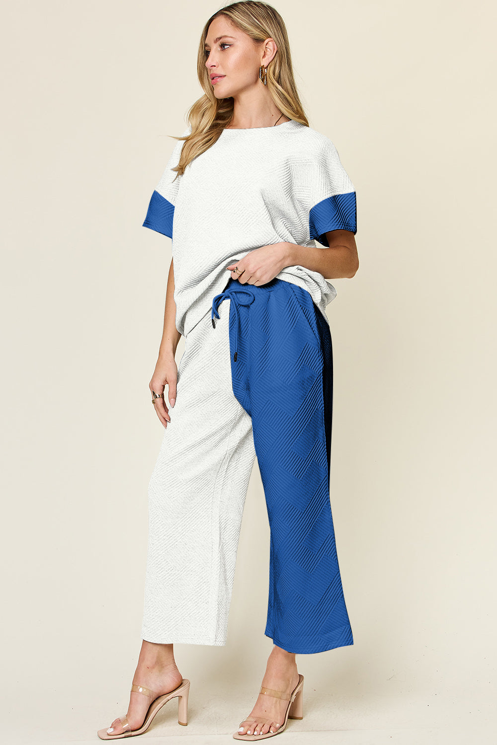 Double Take Full Size Texture Contrast T-Shirt and Wide Leg Pants Set